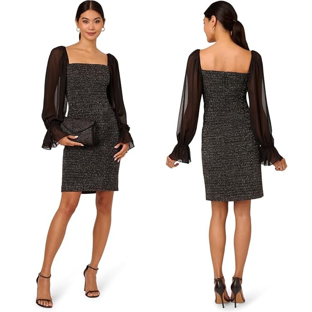 Nwt New $169 Adrianna Papell Metallic Boucle Combo Black Dress Size 14